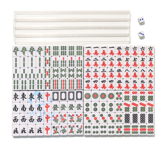 Маджонг в красном кожаном кейсе, синие фишки 24 мм